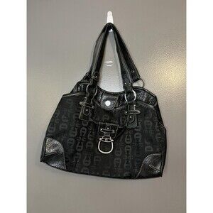 Etienne Aigner Shoulder Bag Womens Black Logo Jacquard Handbag Purse D-Ring